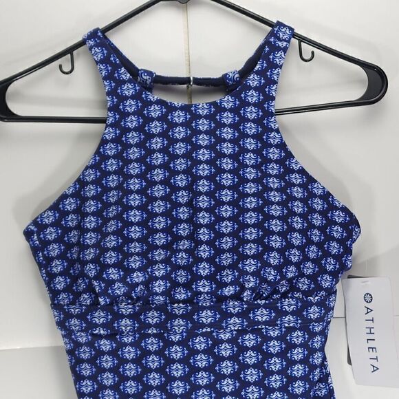 Athleta Tangier High Neck Tankini Top 32D /DD Blue Open Back Underwire Swimwear - Picture 2 of 12